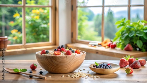 Wallpaper Mural Wooden bowl filled with creamy dessert topped with fresh berries, sitting on a wooden table near a window with a garden view Torontodigital.ca