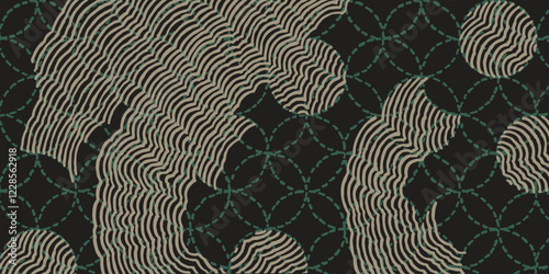 Crafted hand drawn brush line abstract pattern, Japanese and Ethnic folk inspired wood carving, weaving, sculpting textured surface background with Sashiko tread line 