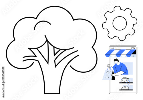 Tree outline, smartphone with online store, cogwheel gear. Ideal for e-commerce, sustainability, technology, environment, online shopping business growth innovation. Conceptual abstract line flat