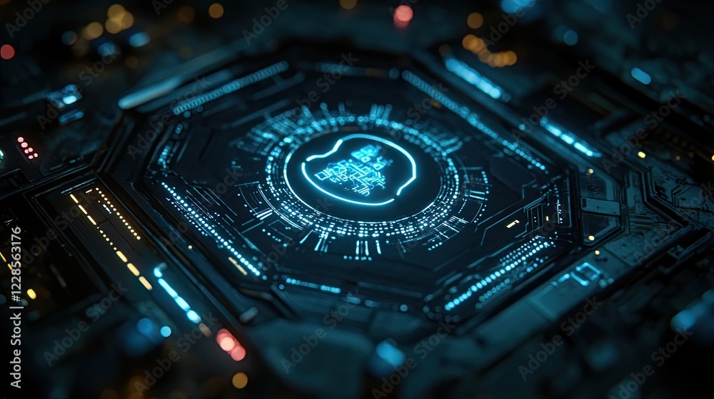 Futuristic circuit board design with glowing elements, showcasing technology in a dark environment Futuristic circuit board design with glowing elements, showcasing technology in a dark environment