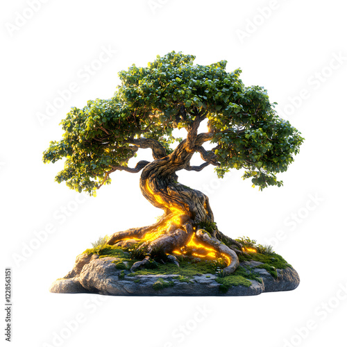 Fluffy 3D Cartoon Bonsai Tree with Glowing Flame Isolated on Transparent Background