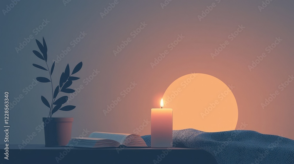 Serene Evening Scene with Candle, Book, and Plant at Sunset Serene Evening Scene with Candle, Book, and Plant at Sunset
