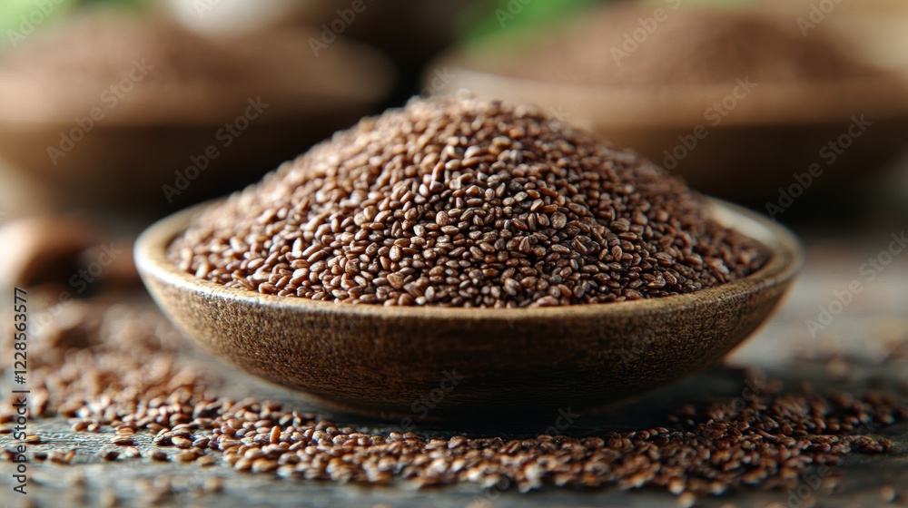 A close-up of brown seeds in a wooden bowl, showcasing their texture. A close-up of brown seeds in a wooden bowl, showcasing their texture.