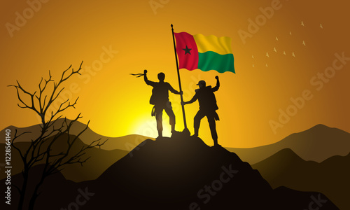 Guinea Bissau flag, silhouette of two climbers holding a flag at sunset over the mountain