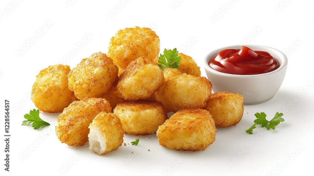 Detailed close-up of golden hash browns served with ketchup and parsley garnish. Detailed close-up of golden hash browns served with ketchup and parsley garnish.