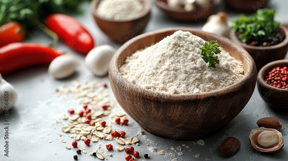 A rustic display of flour and spices with fresh vegetables for cooking. A rustic display of flour and spices with fresh vegetables for cooking.