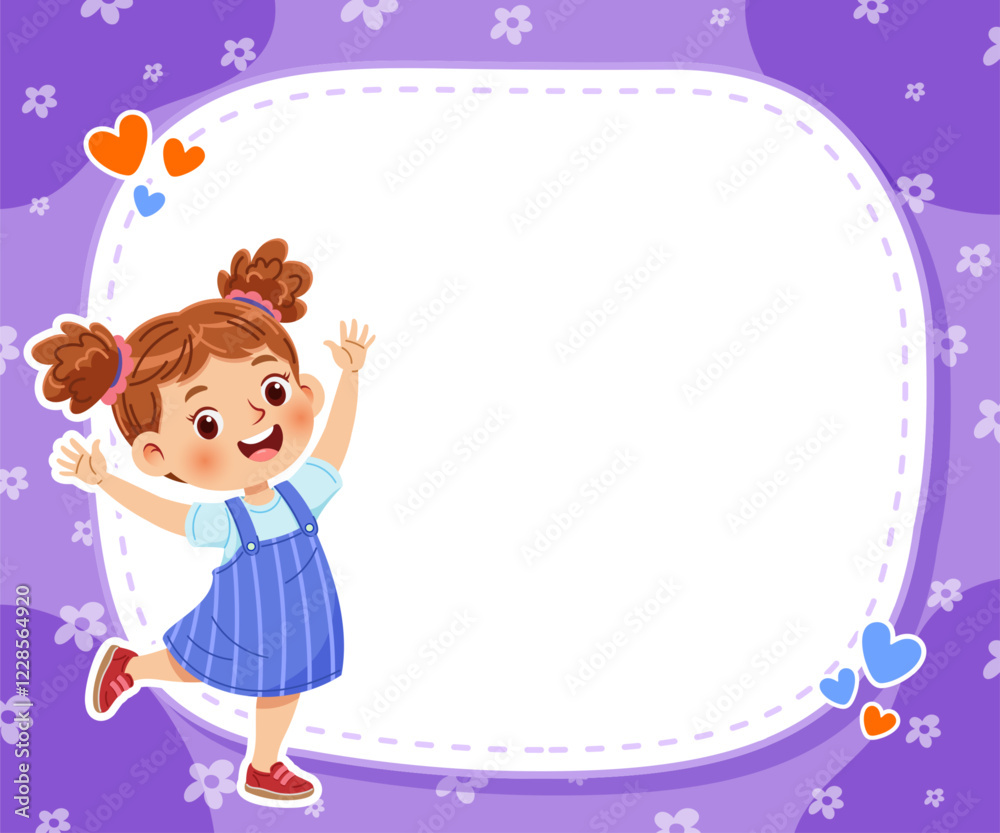 Cheerful little girl standing waving and smiling on the side of white frame with purple background Cheerful little girl standing waving and smiling on the side of white frame with purple background