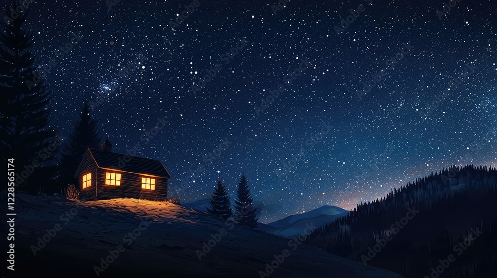 Fototapeta premium Cozy Cabin Nestled Under a Starry Night Sky in a Mountain Landscape
