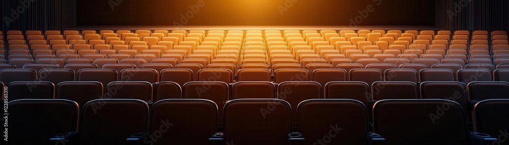 Naklejka premium Empty theater seats illuminated by a warm golden light.