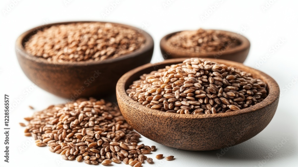 Three bowls of brown seeds arranged on a white background. Three bowls of brown seeds arranged on a white background.