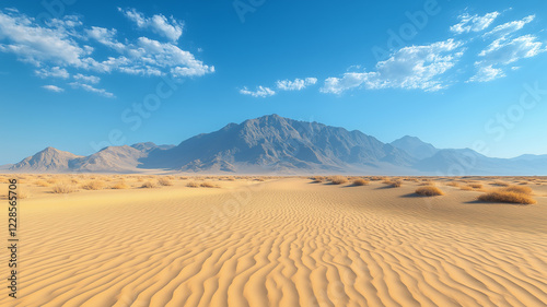 vast desert landscape with rolling sand dunes and distant mountains under clear blue sky