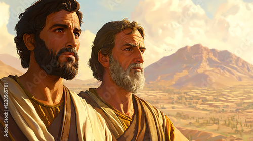 Two men are standing in front of a mountain, one of them is wearing a white robe photo