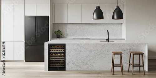 A modern kitchen featuring a marble island, sleek cabinetry, a wine cooler, and stylish pendant lighting, creating a clean and elegant aesthetic.