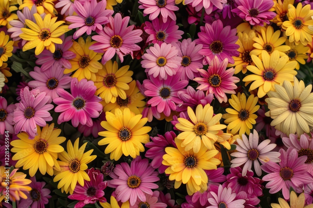 High Definition Picture of Elevated View of Blooming Yellow and Pink Flowers High Definition Picture of Elevated View of Blooming Yellow and Pink Flowers