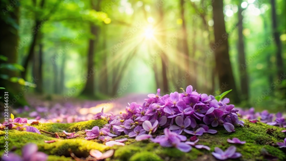 Obraz premium Delicate purple flower petals scattered on a soft green forest floor among leafy branches
