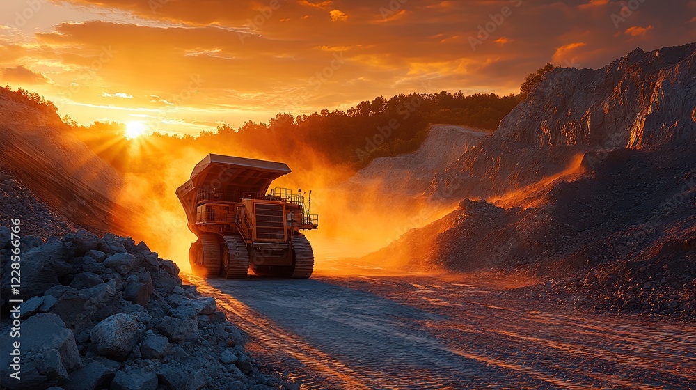 Panoramic view of a quarry at sunset, with bright orange skies and silhouetted equipment Panoramic view of a quarry at sunset, with bright orange skies and silhouetted equipment