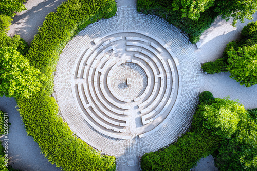 Top down view of an ancient maze with intricate stone patterns, evoking a mysterious, adventurous vibe photo