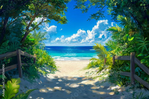 The entrance to the beach is framed by dense, green.