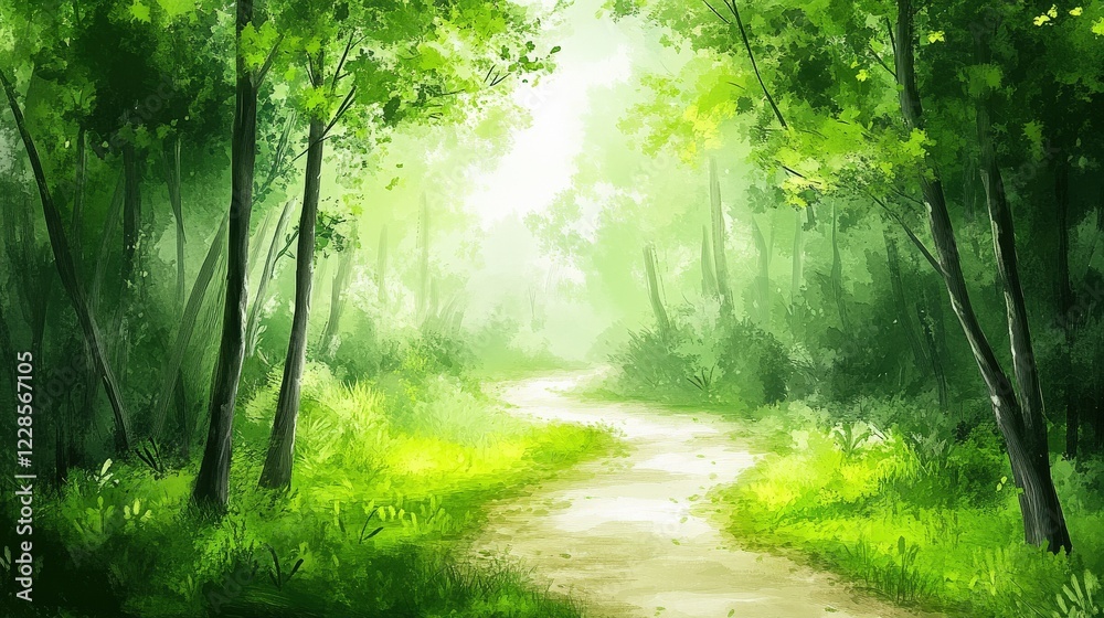 Fototapeta premium Lush green forest pathway illuminated by soft sunlight, inviting exploration and tranquility