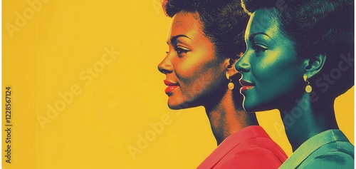 Two Stylish African American Women Profile Portraits Yellow Background