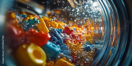 Bubbles rise amid a medley of vividly colored toy pieces, creating a playful atmosphere inside a washing machine. The wash cycle brings life and energy to the mundane chore photo