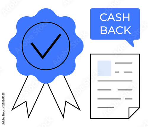 Certified approval badge with checkmark, cash back offer speech bubble, and detailed terms document. Ideal for promotions, certifications, incentives, finance, business, marketing material client