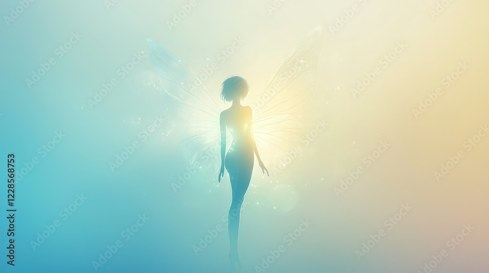 Naklejka premium Ethereal Fairy Silhouette with Colorful Light and Magical Vibes