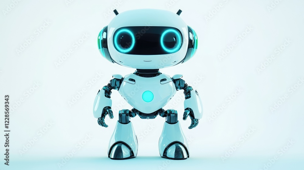 Friendly Robot Character with Bright Blue Eyes on Light Background Friendly Robot Character with Bright Blue Eyes on Light Background