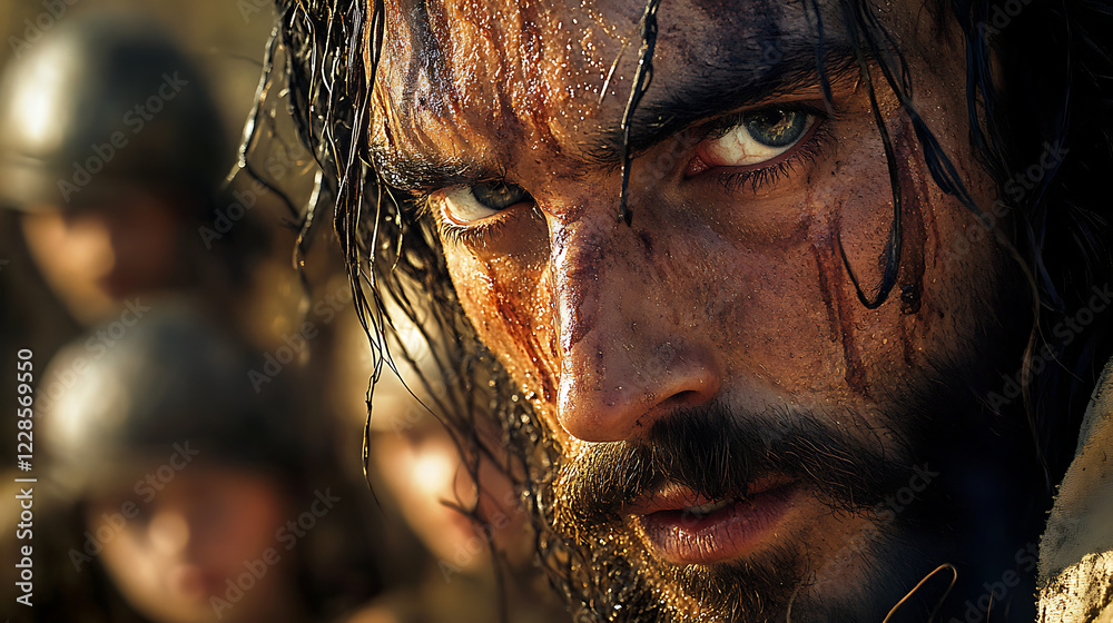 A close-up view of Jesus’ face, weary but determined, carrying a rugged cross on His shoulders, Roman soldiers standing watch behind Him, children gazing in awe from the sidelines, A close-up view of Jesus’ face, weary but determined, carrying a rugged cross on His shoulders, Roman soldiers standing watch behind Him, children gazing in awe from the sidelines,