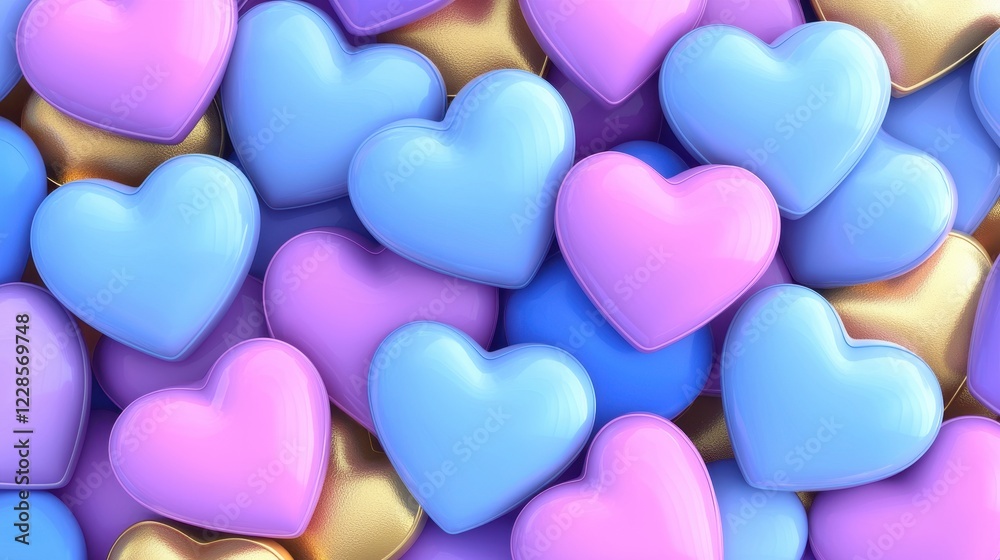 Obraz premium Pastel Hearts Background Romantic Love Valentine s Day Design Shiny 3D Hearts Texture