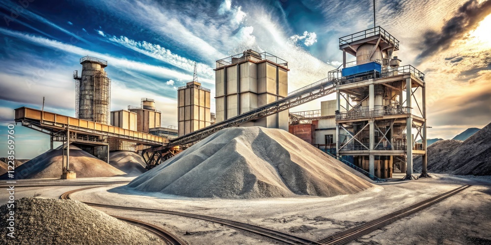 Fototapeta premium Vintage Concrete Plant: Crushed Stone & Sand Piles - Industrial Photography