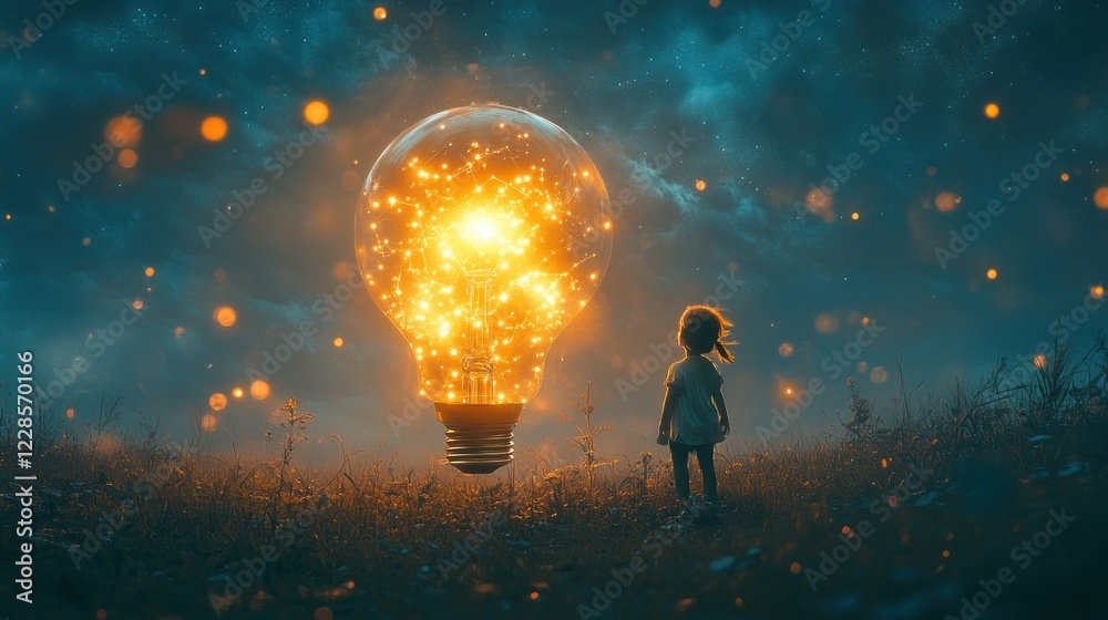Fototapeta premium Child Approaches Half Buried Giant Light Bulb Under Starry Night Sky with Cosmic Dust in Surreal Landscape