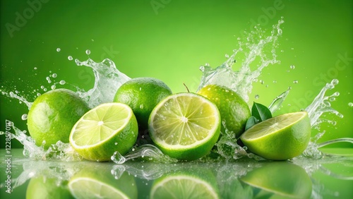 Fresh limes water explosion in a light green background, juicy citrus flavors, bright green color palette