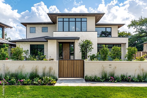 Wide-angle lens raw photo of a home with cream brick walls and a balsa wood fence.