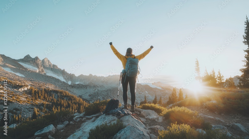 Obraz premium Hiker Celebrating Success at Sunrise in Majestic Mountain Landscape