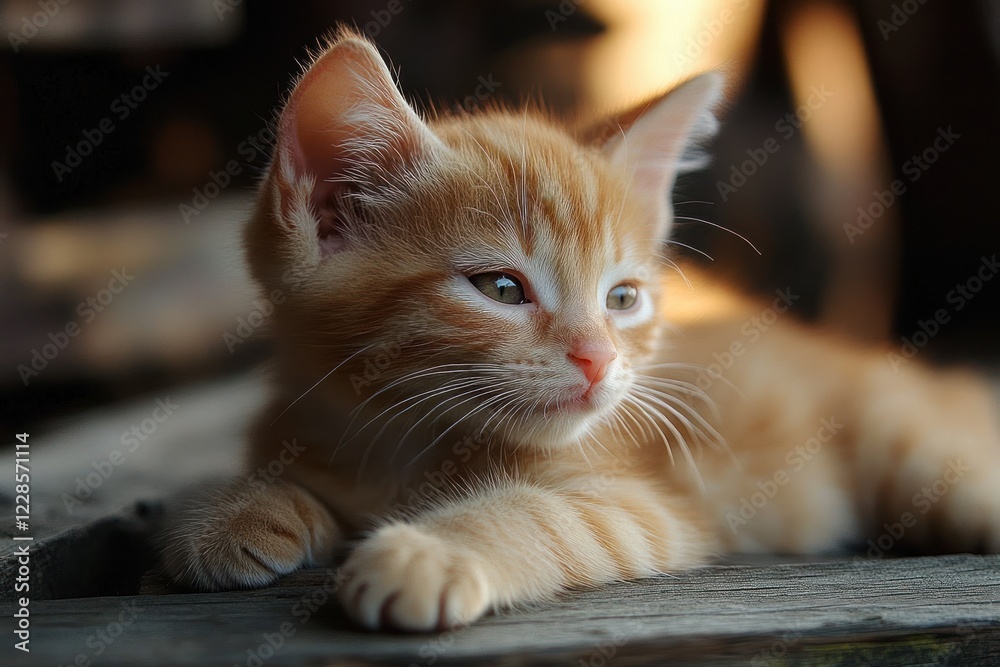 Adorable Ginger Kitten Relaxing on Wooden Planks in Golden Hour Light Adorable Ginger Kitten Relaxing on Wooden Planks in Golden Hour Light