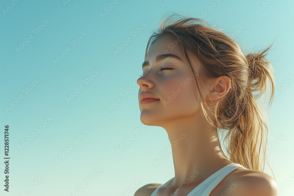 A woman meditating in nature close up face A woman meditating in nature close up face