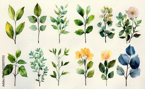 Watercolor Botanical Elements Wildflowers Herbs Leaves Garden Floral Collection