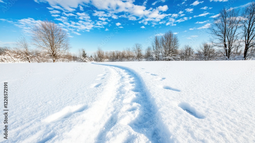 Winter wonderland scenic snow path footprints trail in snowy field landscape Winter wonderland scenic snow path footprints trail in snowy field landscape