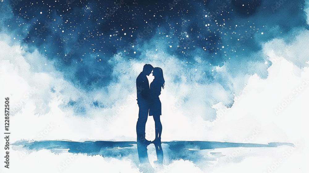 Romantic Silhouette of Couple Kissing Under Starry Night Sky Romantic Silhouette of Couple Kissing Under Starry Night Sky