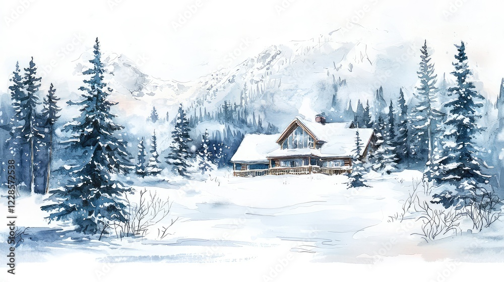 Serene Winter Landscape with a Cozy Cabin Amid Snowy Pines Serene Winter Landscape with a Cozy Cabin Amid Snowy Pines