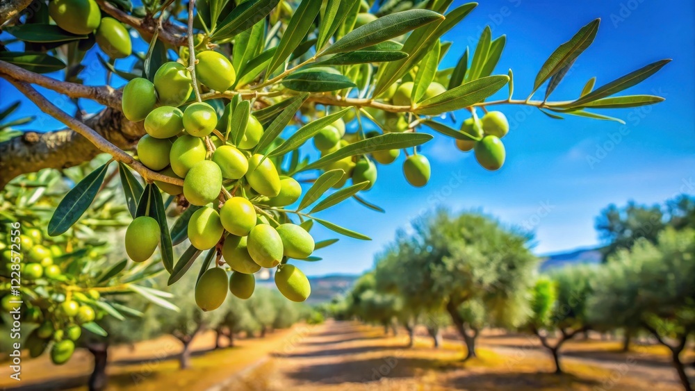 Mature green olives ripening on branches of a centuries-old olive tree in a sun-drenched Mediterranean plantation surrounded by lush greenery and blue sky , agriculture, olive tree Mature green olives ripening on branches of a centuries-old olive tree in a sun-drenched Mediterranean plantation surrounded by lush greenery and blue sky , agriculture, olive tree