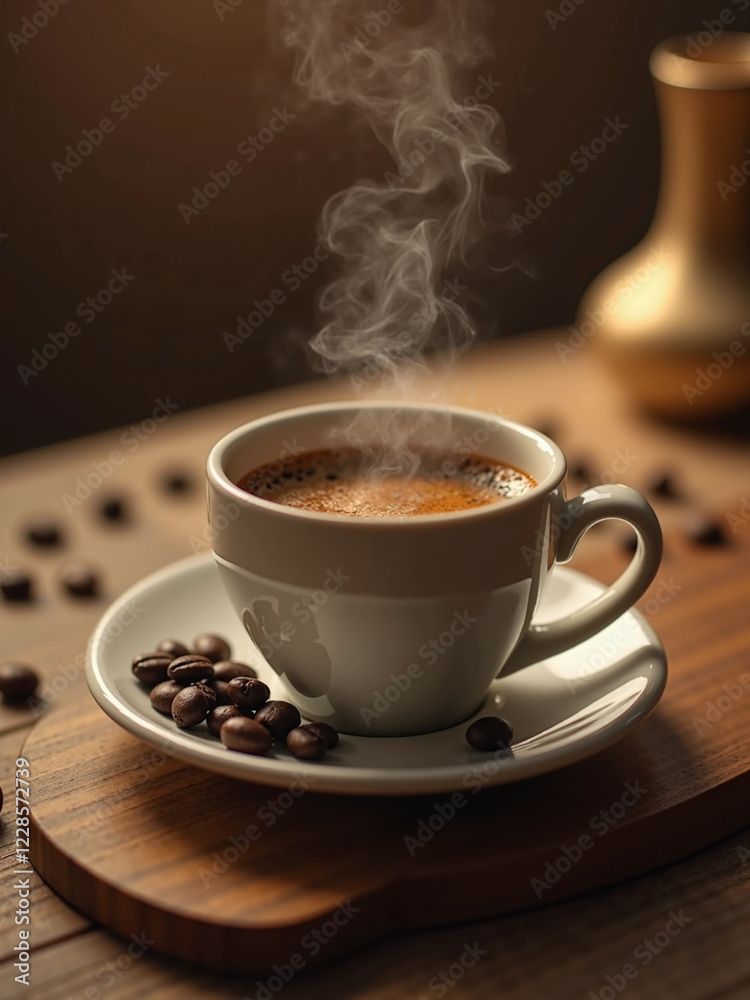 Close-Up of a Steaming Coffee Cup in a Cozy Minimalist Setting – Aesthetic Warm Tones, Wooden Table, and Coffee Beans in Extreme Detail, Capturing Rich Aromas and Indulgence in Stunning Close-Up of a Steaming Coffee Cup in a Cozy Minimalist Setting – Aesthetic Warm Tones, Wooden Table, and Coffee Beans in Extreme Detail, Capturing Rich Aromas and Indulgence in Stunning