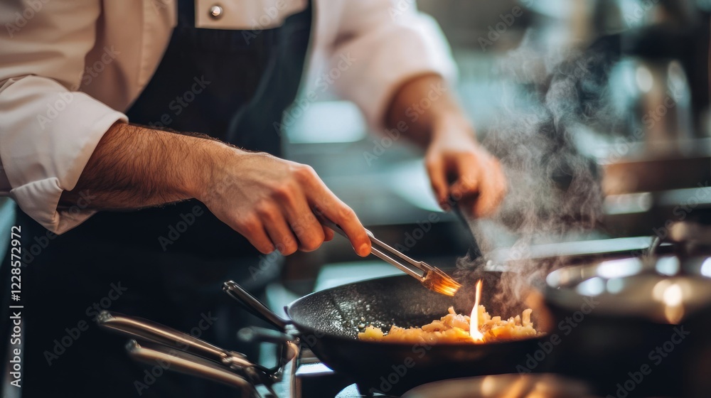 A chef skillfully cooking in a professional kitchen, using a wok with steam rising. A chef skillfully cooking in a professional kitchen, using a wok with steam rising.