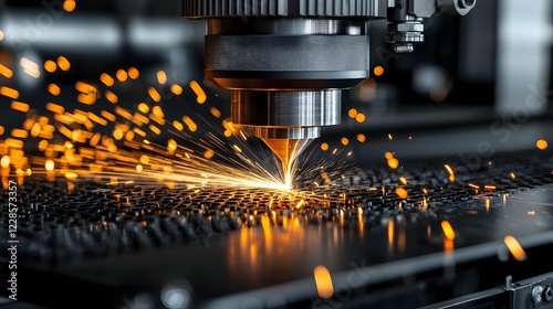 Focused image of a CNC machine s laser cutting through metal with precision and speed highlighting the sparks and intensity of the advanced manufacturing technology and efficient industrial process photo