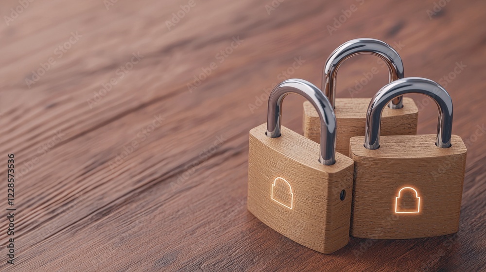 Fototapeta premium Three Wooden Padlocks on Brown Wooden Surface Showing Data Security Concept