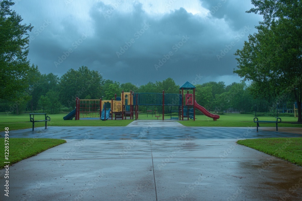 Empty playground after rain with wide establishing shot composition and brooding storm clouds on dramatic sky Empty playground after rain with wide establishing shot composition and brooding storm clouds on dramatic sky