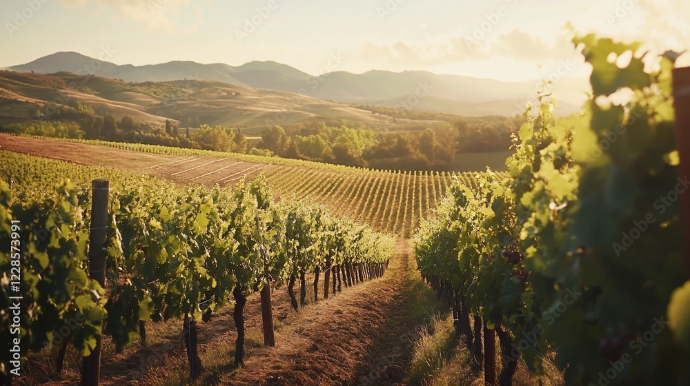 Naklejka premium Vineyard rows extend into the distant rolling hills at sunset creating a beautiful landscape