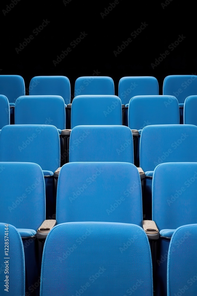 Fototapeta premium Rows of empty blue chairs in a theater setting against black background.