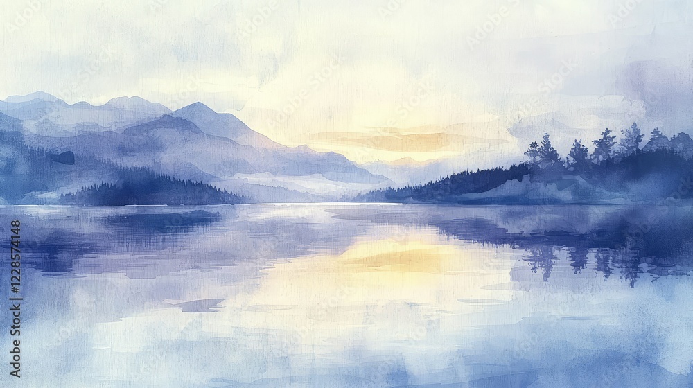 Fototapeta premium Serene Watercolor Landscape with Mountains and Calm Lake Reflection